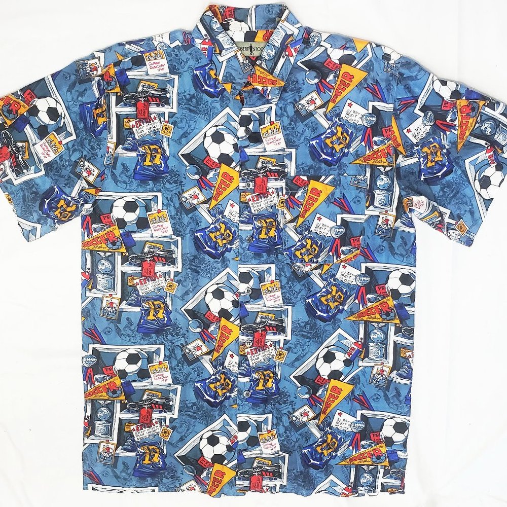 Robert Stock Mens Vintage World Cup Soccer Silk Short  Sleeve Shirt XL